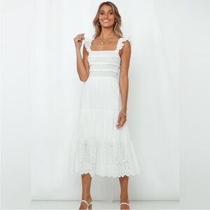 Hello Molly Let me Fall in Love White Ruffled Tiered Midi Dress - Women